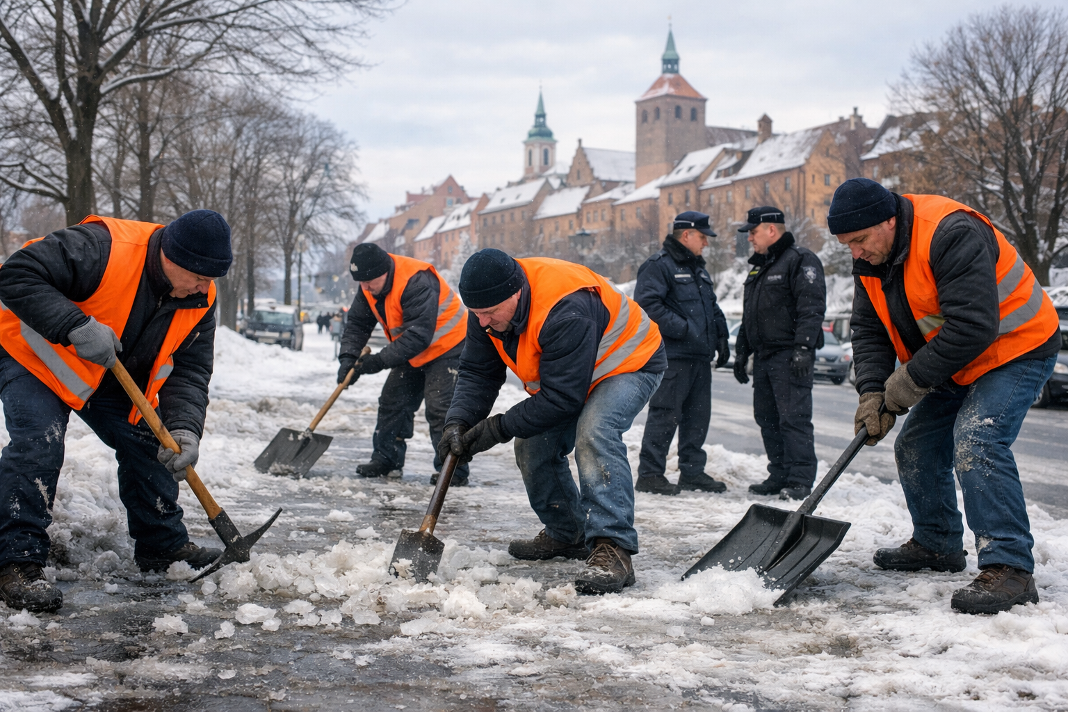 Ludzie odśnieżający i skuwający lód z chodnika w Grudziądzu w ramach działań na rzecz społeczności lokalnej