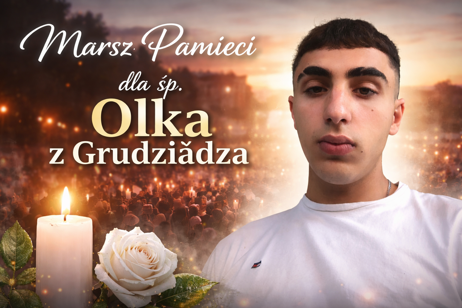 Grafika marszu pamięci dla śp. Olka z Grudziądza z wizerunkiem Olka i zniczem