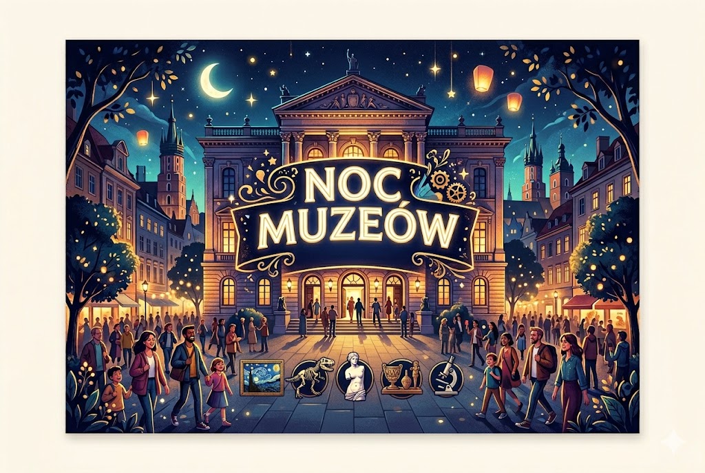 Nastrojowa grafika przedstawiająca podświetlony gmach muzeum nocą z napisem NOC MUZEÓW, lampionami i tłumem ludzi przed wejściem.