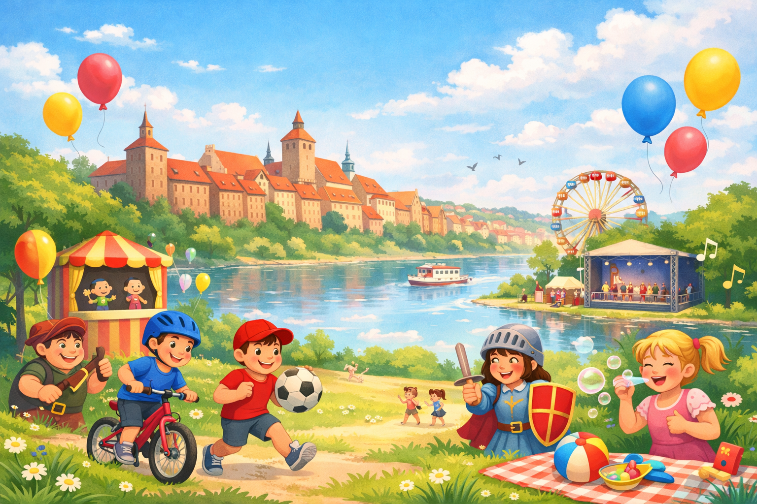 Dzieci bawiące się nad Wisłą w Grudziądzu podczas Dnia Dziecka 2026 – panorama miasta, balony, rower, teatrzyk i rodzinna zabawa w plenerze.