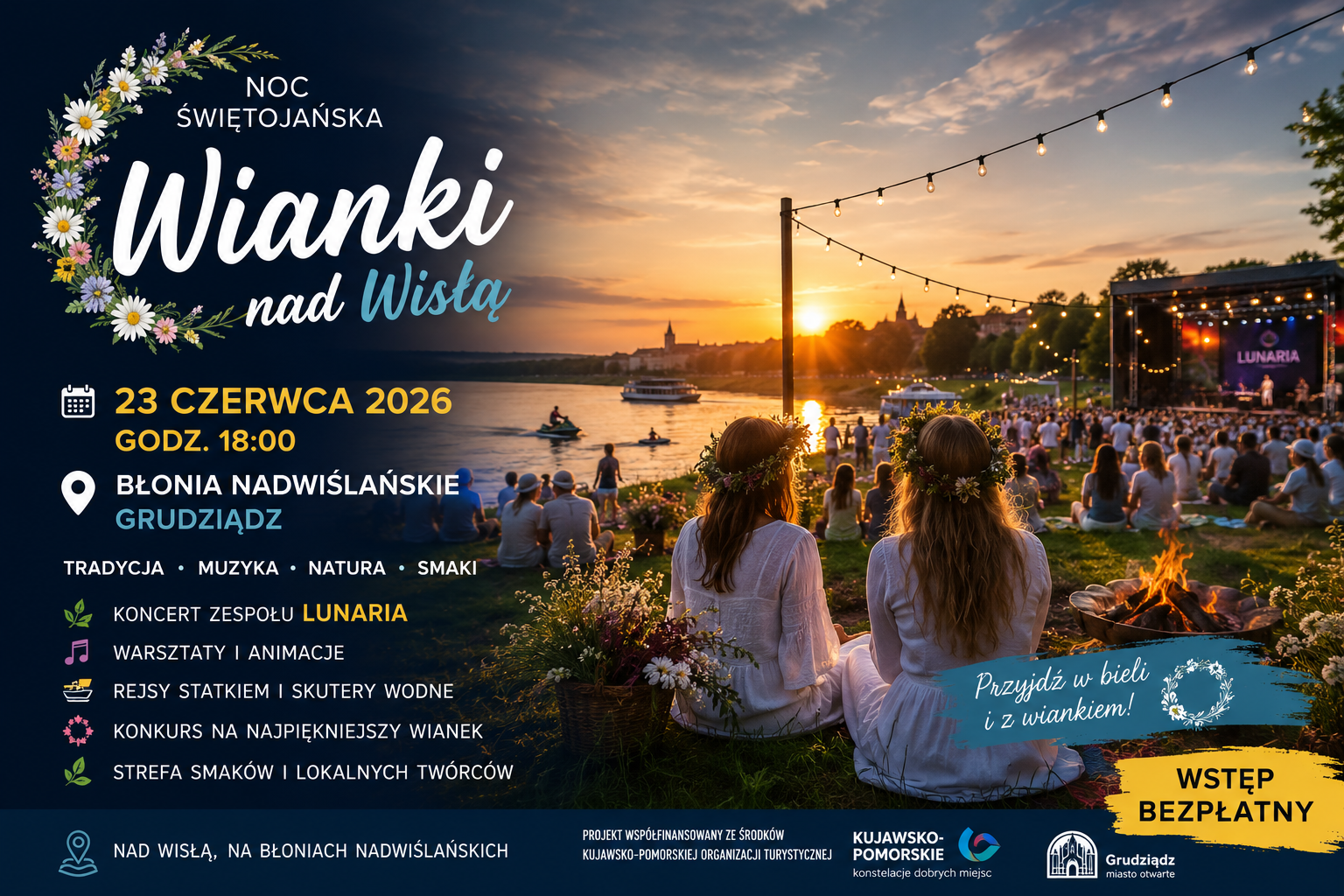 Uczestnicy wydarzenia Wianki nad Wisłą podczas obchodów Nocy Świętojańskiej na Błoniach Nadwiślańskich w Grudziądzu.