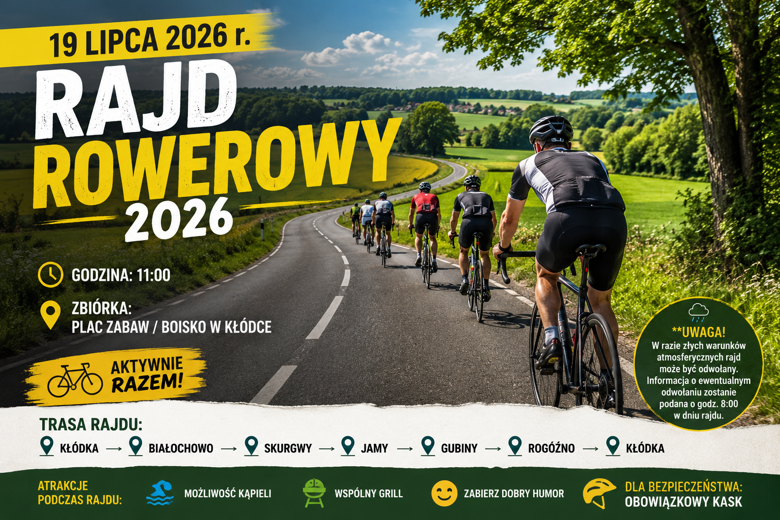 Grupa rowerzystów jedzie szosą wśród zielonych pól i drzew na terenach wiejskich. Grafika promująca Rajd Rowerowy 2026 odbywający się 19 lipca.