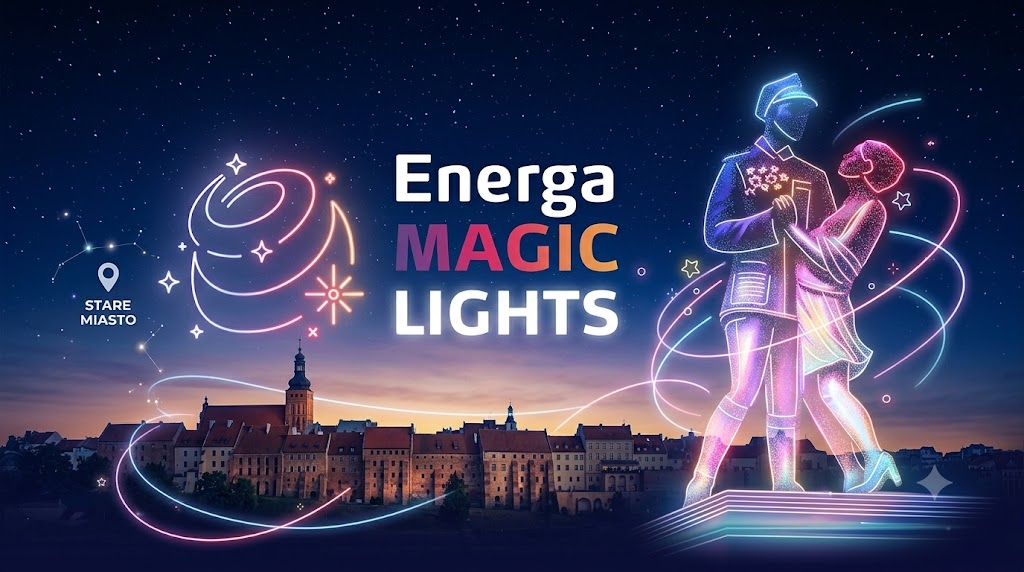 Artystyczna grafika pozioma promująca Energa Magic Lights, przedstawiająca podświetlaną neonami tańczącą parę na tle panoramy Grudziądza i gwieździstego nieba.